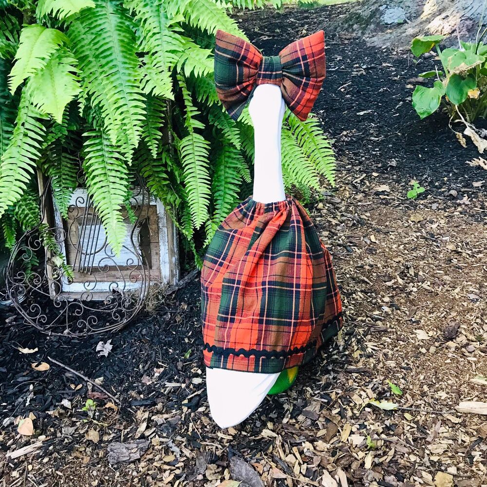 Porch Goose Dress & Bow Outfit For 18-23" Goose Handmade Fall Orange Black Plaid - Picture 8 of 13